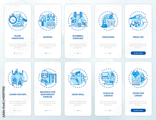 Home training online onboarding mobile app page screen with concepts set. Gym exercise substitutes walkthrough 5 steps graphic instructions. UI vector template with RGB color illustrations