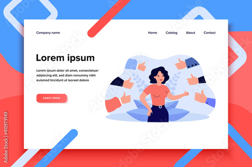 Proud positive woman surrounded by hands with thumbs up isolated flat vector illustration. Happy cartoon character accepting public approval and smiling. Respect and audience recognition concept