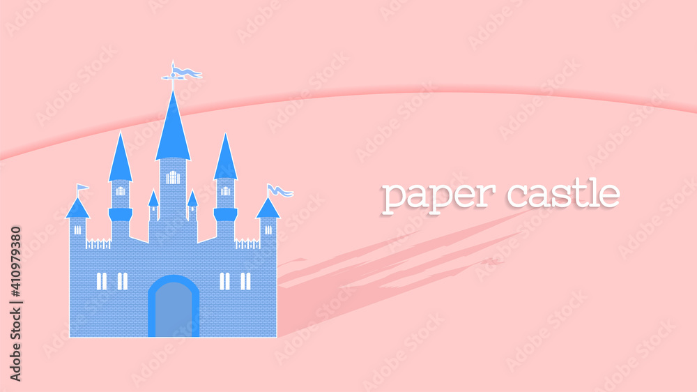 Fototapeta premium Light poster or banner. Paper fairytale vintage blue castle. Shadow and inscription. EPS10