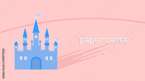 Light poster or banner. Paper fairytale vintage blue castle. Shadow and inscription. EPS10