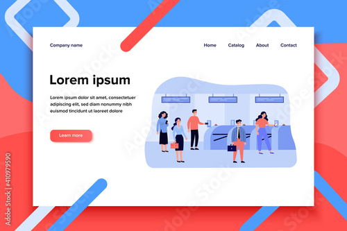 People going through turnstile entrance isolated flat vector illustration. Cartoon passengers standing queue with train tickets near automatic gate in metro. Public transport and subway pass concept