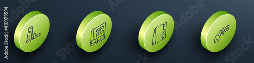 Set Isometric line Gun magazine and bullets, Book with pistol or gun, Bullet and Small revolver icon. Vector.