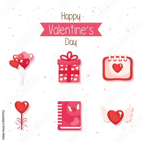 bundle of six happy valentines day set icons and lettering vector illustration design