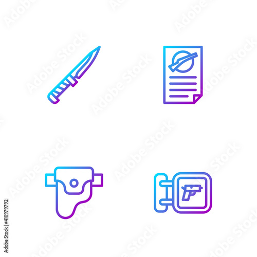 Set line Hunting shop weapon, Gun holster, Military knife and Firearms license certificate. Gradient color icons. Vector.