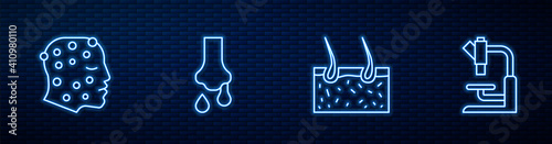 Set line Hair covering skin, Psoriasis or eczema rash, Runny nose and Microscope. Glowing neon icon on brick wall. Vector.