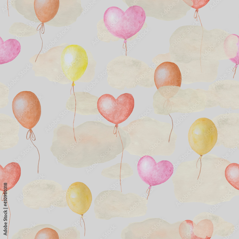 Seamless watercolor pattern with air balloons and clouds.