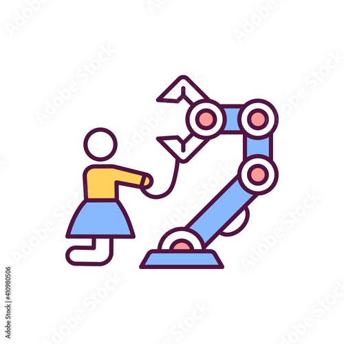Artificial intelligence takeover RGB color icon. Human chained to robot. AI supremacy. Digital transformation. Future risk of unemployment. Technology replace people. Isolated vector illustration