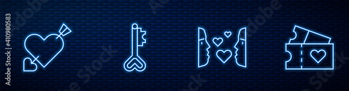 Set line Love at first sight, Amour with heart and arrow, Key in shape and ticket. Glowing neon icon on brick wall. Vector. photo