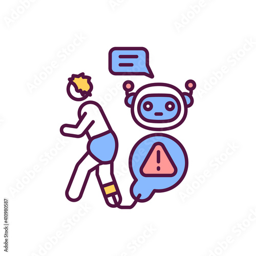 AI takeover RGB color icon. Human replaced with artificial intelligence technology. Labor problem. Robots replace people. Future unemployment risk. Work automation. Isolated vector illustration