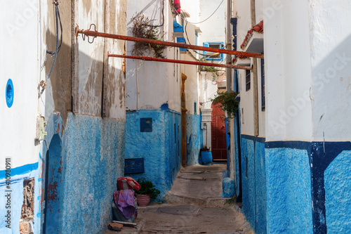 Maze of old narrow streets and alleys in the Kasbah of the Udayas with blue and white painted houses. Rabat, Morocco. © Juriaan