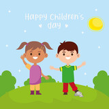 happy little young kid couple characters in the camp vector illustration design