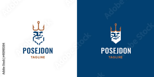 Poseidon neptune zeus god logo icon, triton trident crown vector template on white and dark background