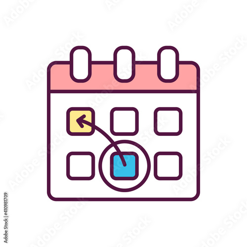 Re-schedule RGB color icon. Re-arrangement for appointment. Time management and event planning. Pre-launch organization. Change project deadline. Date of calendar. Isolated vector illustration
