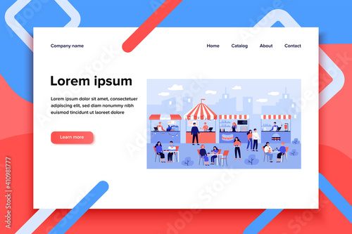 People eating at street food court, visiting festival in park, buying fast food in kiosks. Vector illustration for food market, summer, catering concept