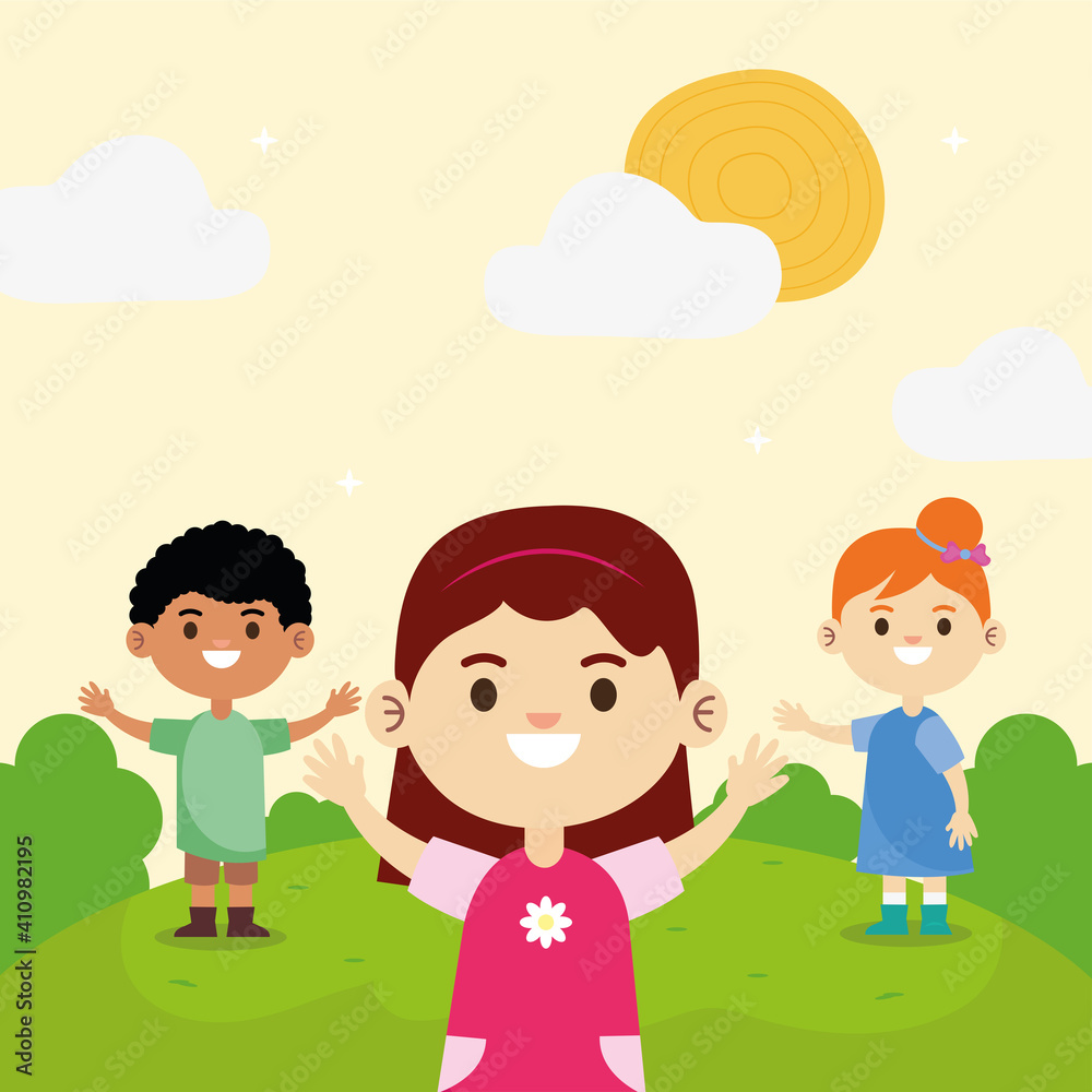 group of three happy interracial little children in the camp vector illustration design