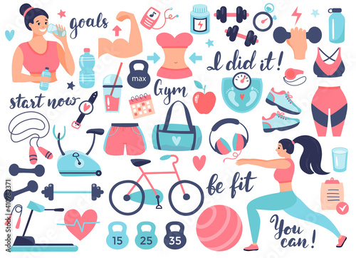 Fitness and Athletics accessories: dumbbells, sneakers, and other sports equipment. Design elements perfect for poster, invitation, sticker kit. Vector illustration