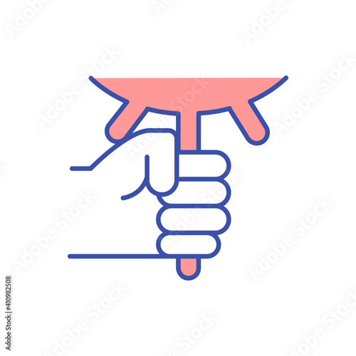 Hand milking RGB color icon. Manual process. Agribusiness and agriculture. Farming manufacture. Dairy industry and cheesemaking. Hand on cow udder to squeeze milk. Isolated vector illustration