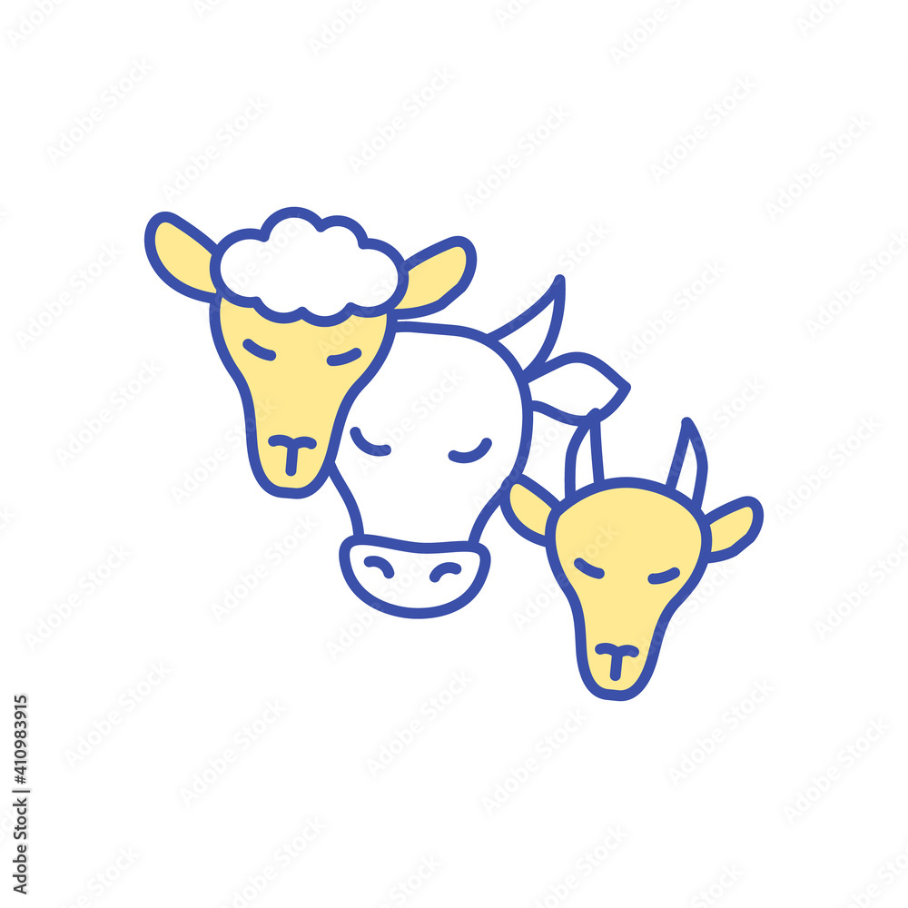 Livestock animals RGB color icon. Farm cattle care. Head of cow, lamb and sheep. Domesticated animals for ranch, farmland. Dairy industry. Agriculture production. Isolated vector illustration Livestock animals RGB color icon. Farm cattle care. Head of cow, lamb and sheep. Domesticated animals for ranch, farmland. Dairy industry. Agriculture production. Isolated vector illustration
