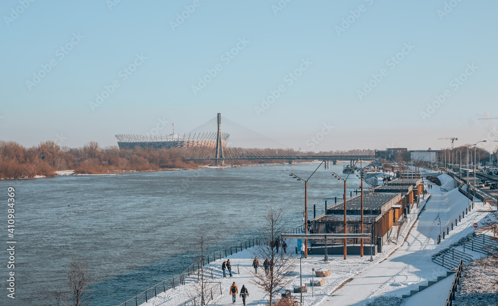 Cityscape of Warsaw - Boulevards near the Old Town alongside the fast road, National stadium Cityscape of Warsaw - Boulevards near the Old Town alongside the fast road, National stadium