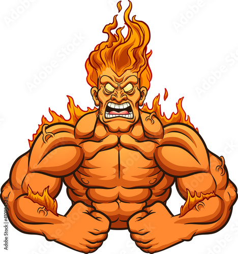 Strong man  on fire screaming cartoon. Vector clip art illustration with simple gradients. All on a single layer.

