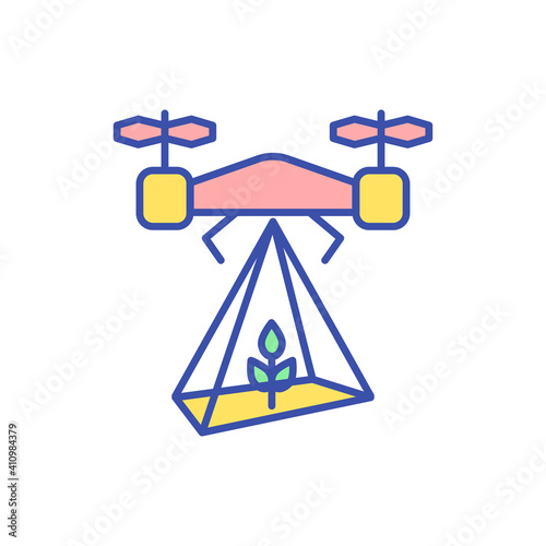Spraying drone RGB color icon. Farming technology for land irrigation. Automated agriculture equipment. Cultivating crops. High tech robot for smart farm. Isolated vector illustration