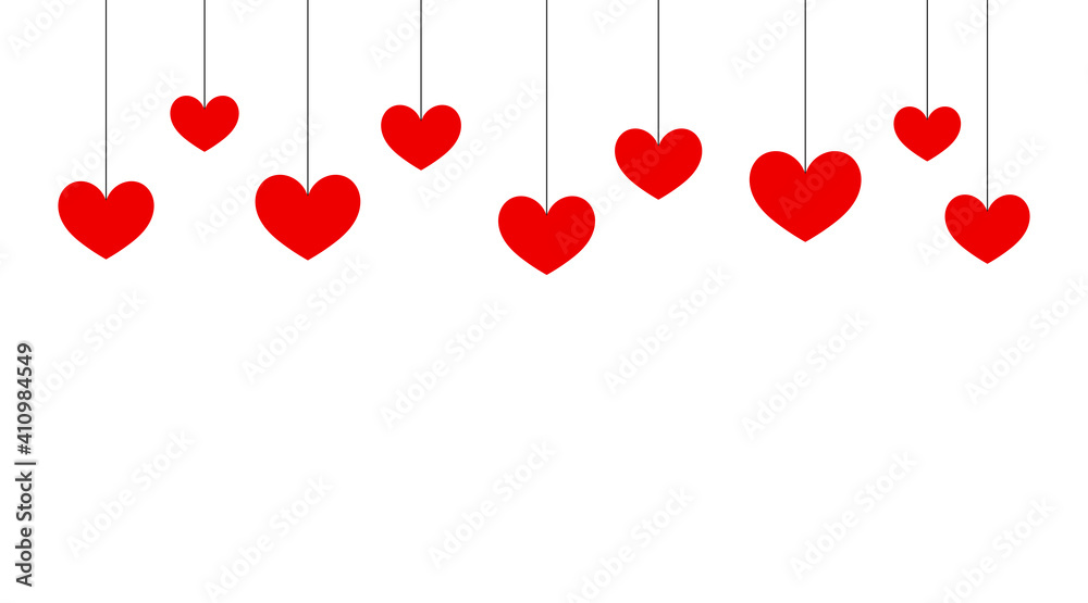 Red hearts hanging, Valentine's Day background.