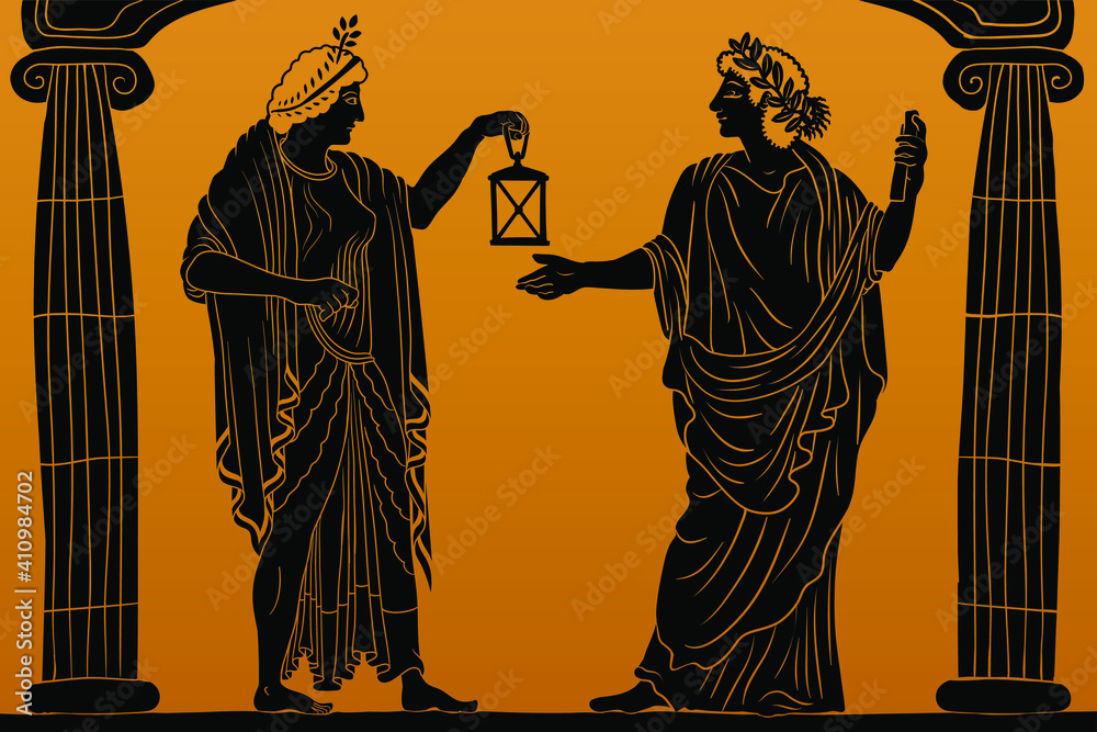 Fototapeta premium Two ancient greek young women with a laurel wreath on his head in a tunic and cape stands between two columns and holds a lantern in his hand.