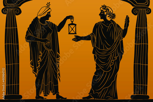 Two ancient greek young women with a laurel wreath on his head in a tunic and cape stands between two columns and holds a lantern in his hand.