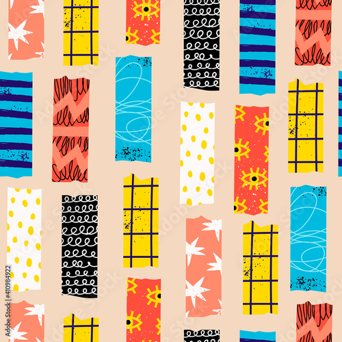 Washi Tape. Various colorful strips. Different textures. Set of colored patterned tapes. Collection of decorative scotch tape. Hand drawn Vector seamless Pattern. Square background