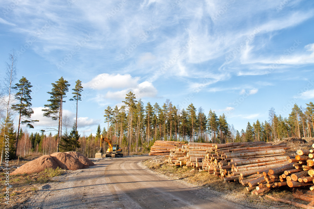 Fototapeta premium Yellow excavator building a road deep in the forest. Rusko, Finland.