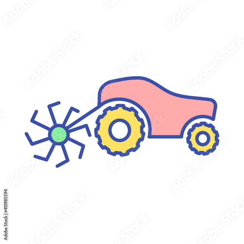 Farming machinery RGB color icon. Soil tiling. Cultivating harvest. Growing harvest. Agriculture technology. Tractor on land. Field planting. Farmland care. Isolated vector illustration