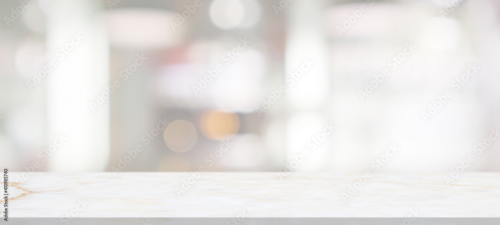 marble table top with blurred abstract cafe restaurant interior background - obrazy, fototapety, plakaty 