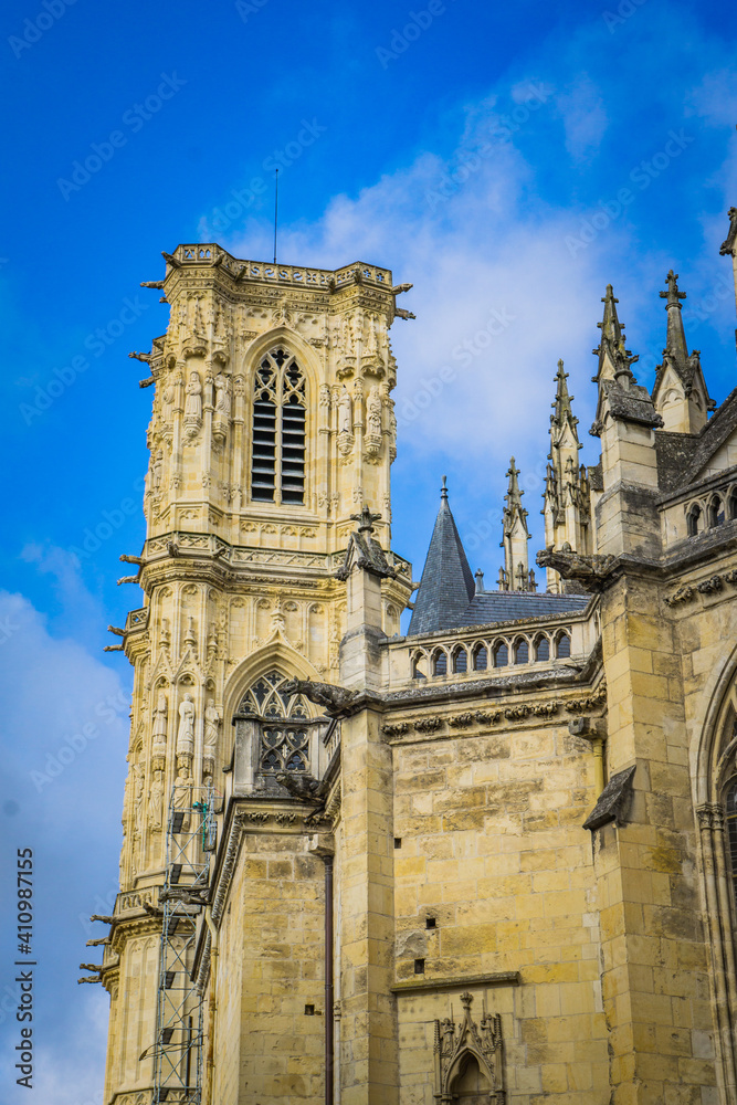 the beautifully carved bell tower of the gothic Cathedral St Cyr Ste Juliette in Nevers, a city located in Burgundy, France