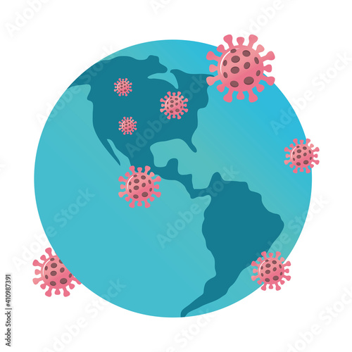 covid19 virus particles pandemic with earth planet vector illustration design