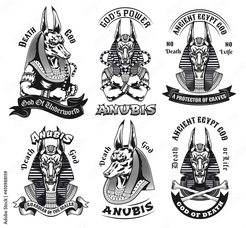 Anubis tattoo templates set. Monochrome design elements with ancient Egyptian  god of death, man with dog head, text on ribbon. Mythology concept for  emblems and symbols design Stock Vector | Adobe Stock