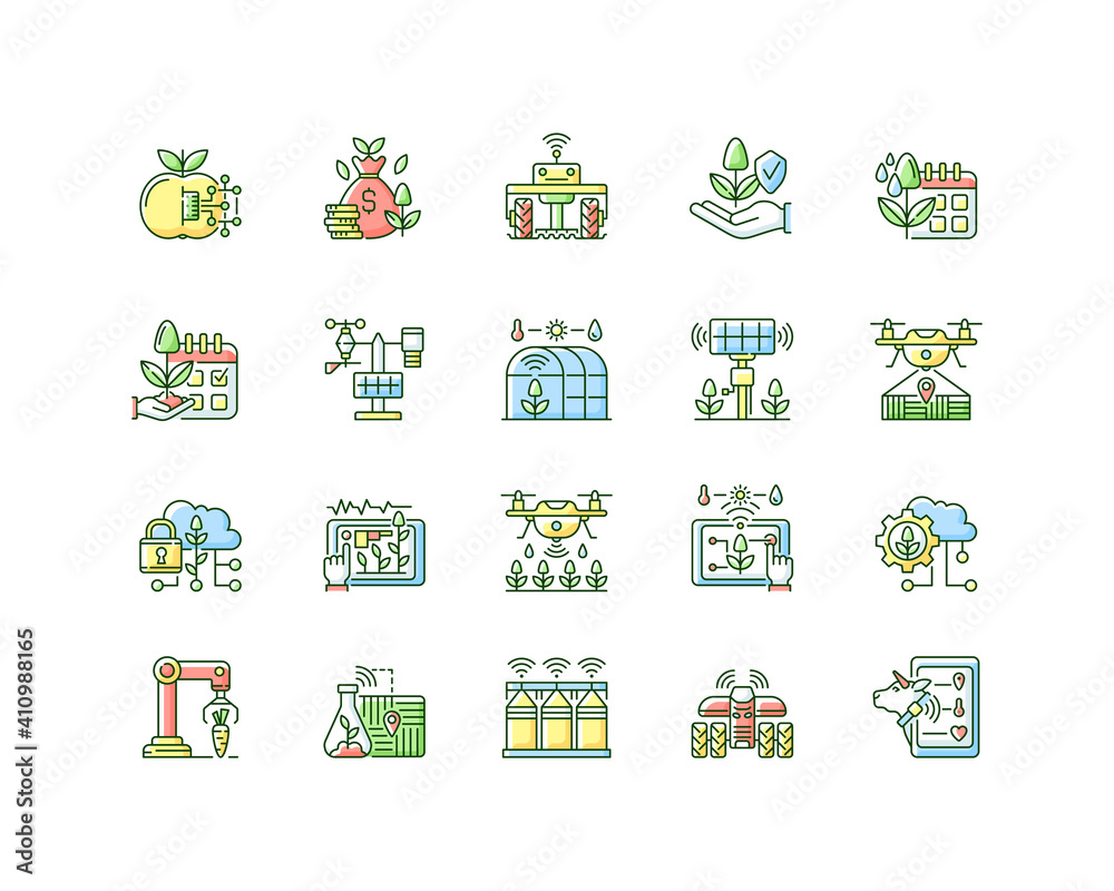 Smart farm system RGB color icons set. Innovation technology. Industry automatization. Digital agrotechnology. Isolated vector illustrations