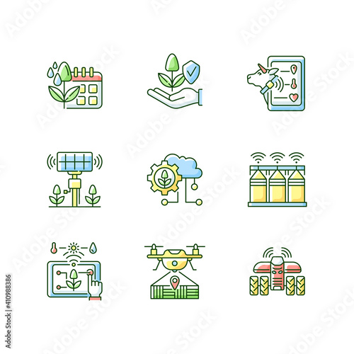 Innovation technology RGB color icons set. Farm automation. Smart agronomy. Digital horticulture. Sustainable production. Isolated vector illustrations