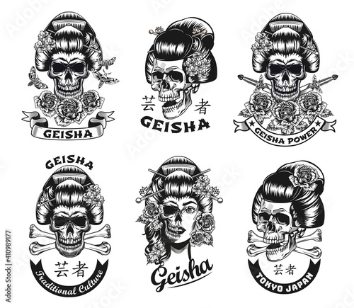 Geisha tattoo templates set. Monochrome design elements with skulls, traditional Japanese hairdo, hair decor and text. Horror concept for emblems and symbols design