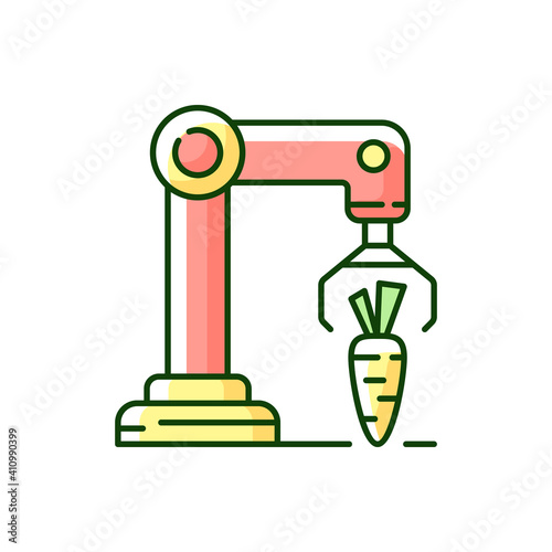 Harvesting robotics RGB color icon. Smart industrial environments. Modern farm technology. Automation and engineering in biotechnology. Isolated vector illustration