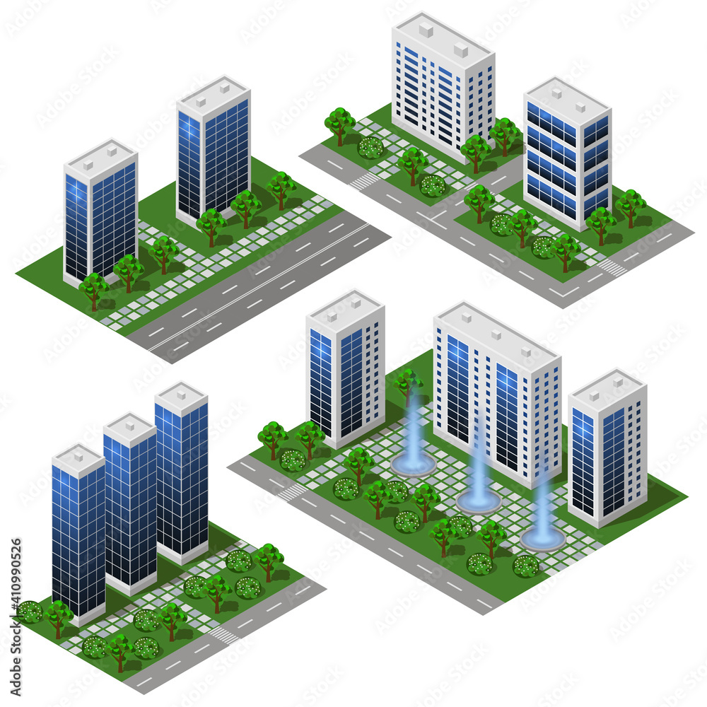 3d modern City building. Isometric eco city modules isolated with office buildings, houses, streets and park area with trees and fountains. For urban landscapes, metropolis scenes. Vector illustration