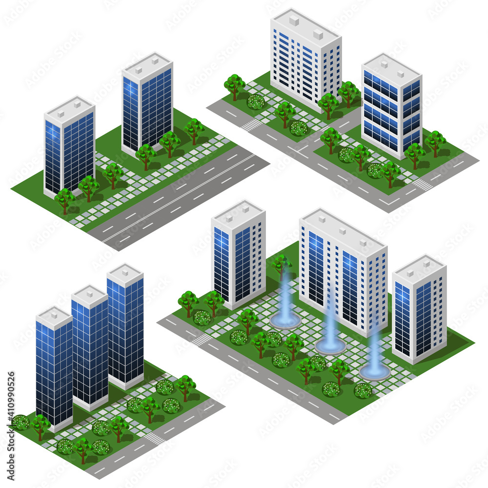 3d modern City building. Isometric eco city modules isolated with office buildings, houses, streets and park area with trees and fountains. For urban landscapes, metropolis scenes. Vector illustration 3d modern City building. Isometric eco city modules isolated with office buildings, houses, streets and park area with trees and fountains. For urban landscapes, metropolis scenes. Vector illustration