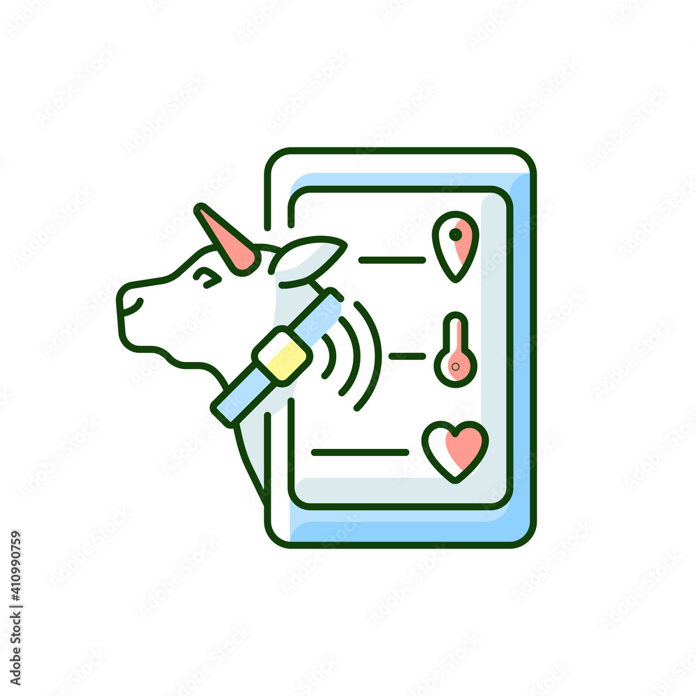 Livestock monitoring RGB color icon. Cattle tracking systems. Cows location monitoring. Smart agritech. Animal identification. Isolated vector illustration