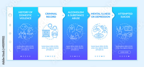 Mental illness onboarding vector template. Criminal record. Substance abuse. Gun control and regulation. Responsive mobile website with icons. Webpage walkthrough step screens. RGB color concept