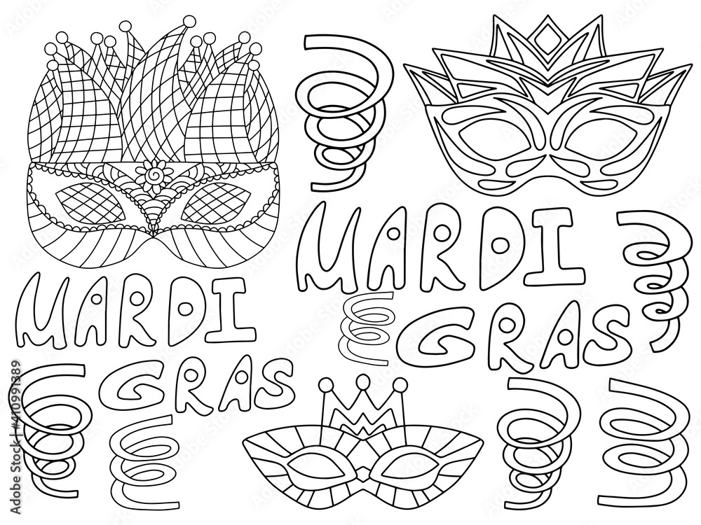 Mardi Gras horizontal coloring page for kids stock vector illustration. Venetian masks, Mardi Gras words and serpentines set black outline isolated on white. Fat Tuesday carnival simple stickers pack