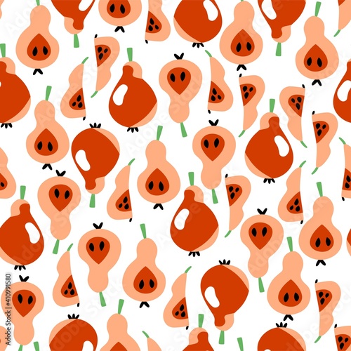 Pear fruits whole and sliced seamless pattern vector. Fresh pears on white pattern for wrapping, packaging, home textile, clothes, wallpaper and more. Complex fruits seamless texture. One of a series