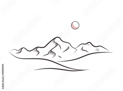 vector minimalistic line logo mountains and red son