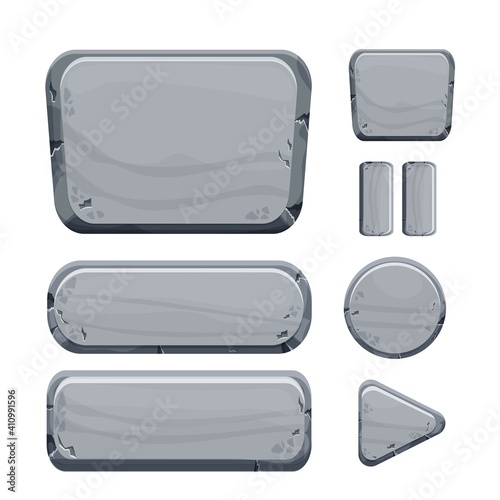 Stone buttons collection, set of rock assets in cartoon style isolated on white background. Mineral detailed objects ui game interface, app pannel.