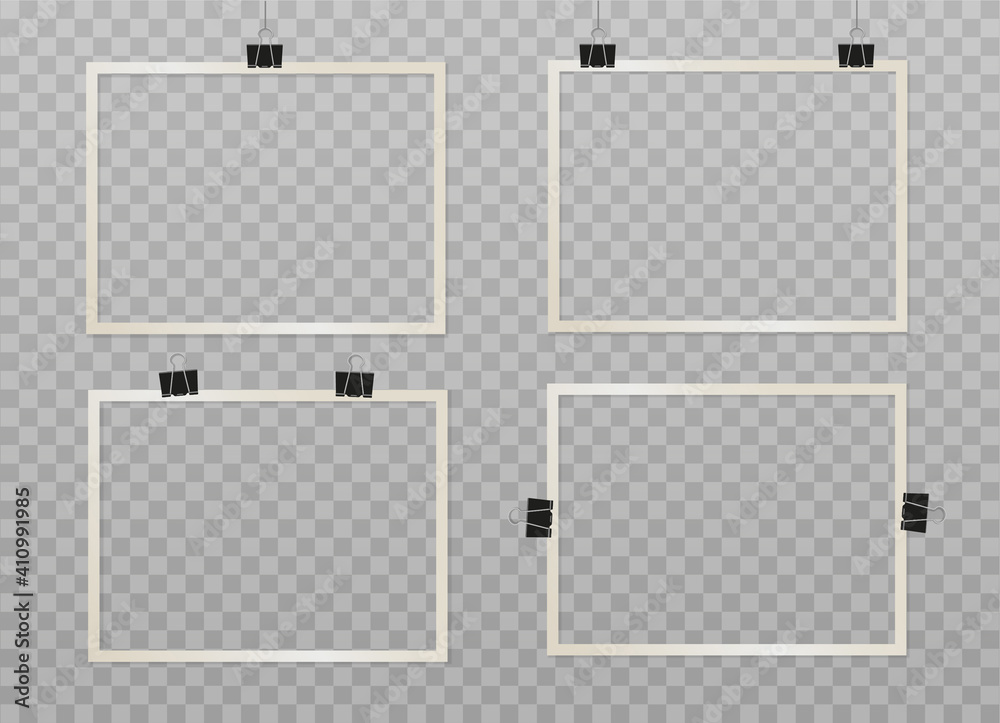 Set of beige rectangular photo frames on binder clips. Vector 3d ...