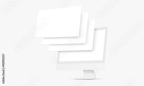 Clay Computer Monitor Mockup with Blank Wireframing Pages. Concept for Showcasing Web-Design Projects. Vector Illustration