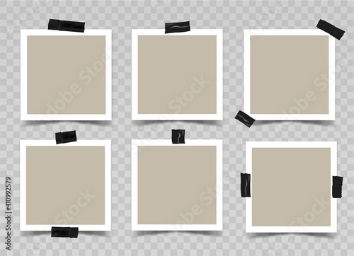 Set of square photo frames with black adhesive tape. Vector realistic. Mockup for design or presentation. Template on transparent background. 6 empty beige photo cards with different sticky tape.EPS10
